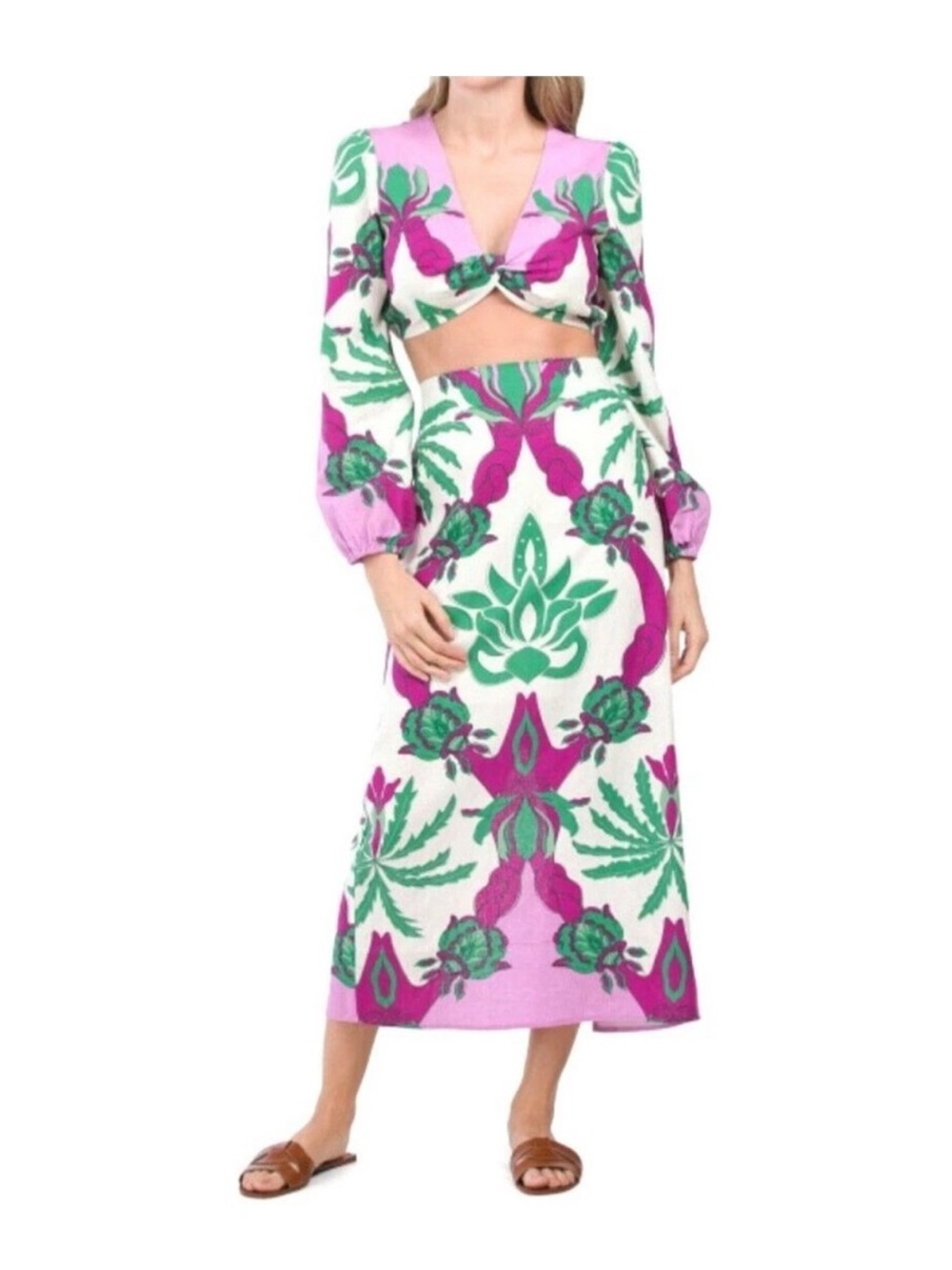 CAROLINE CONSTAS PURPLE GREEN PALM PRINT MIDI SKIRT,  MEDIUM